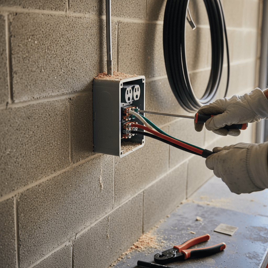 Licensed electrician installing a NEMA 14-50 240V outlet in a residential garage for EV charging