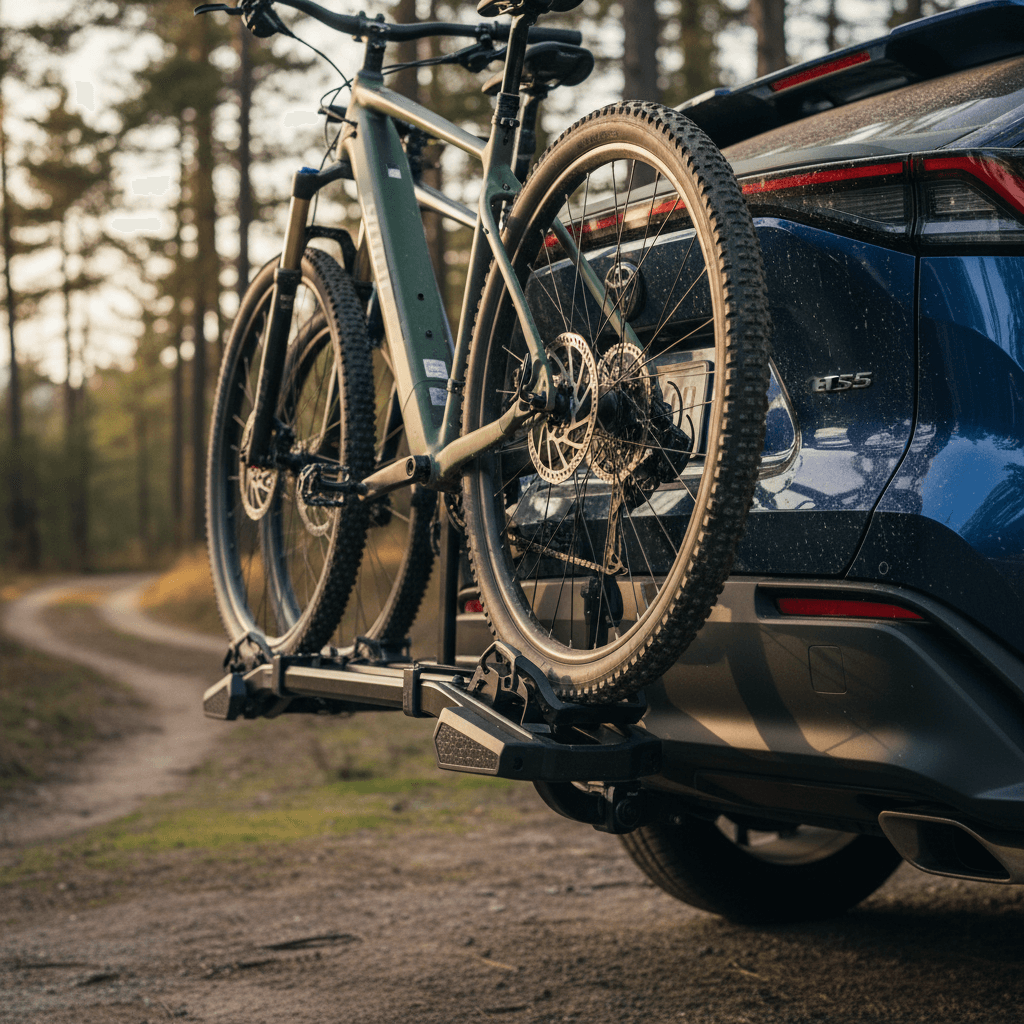 Toyota bZ4X with a platform-style bike rack on the rear hitch carrying two bicycles