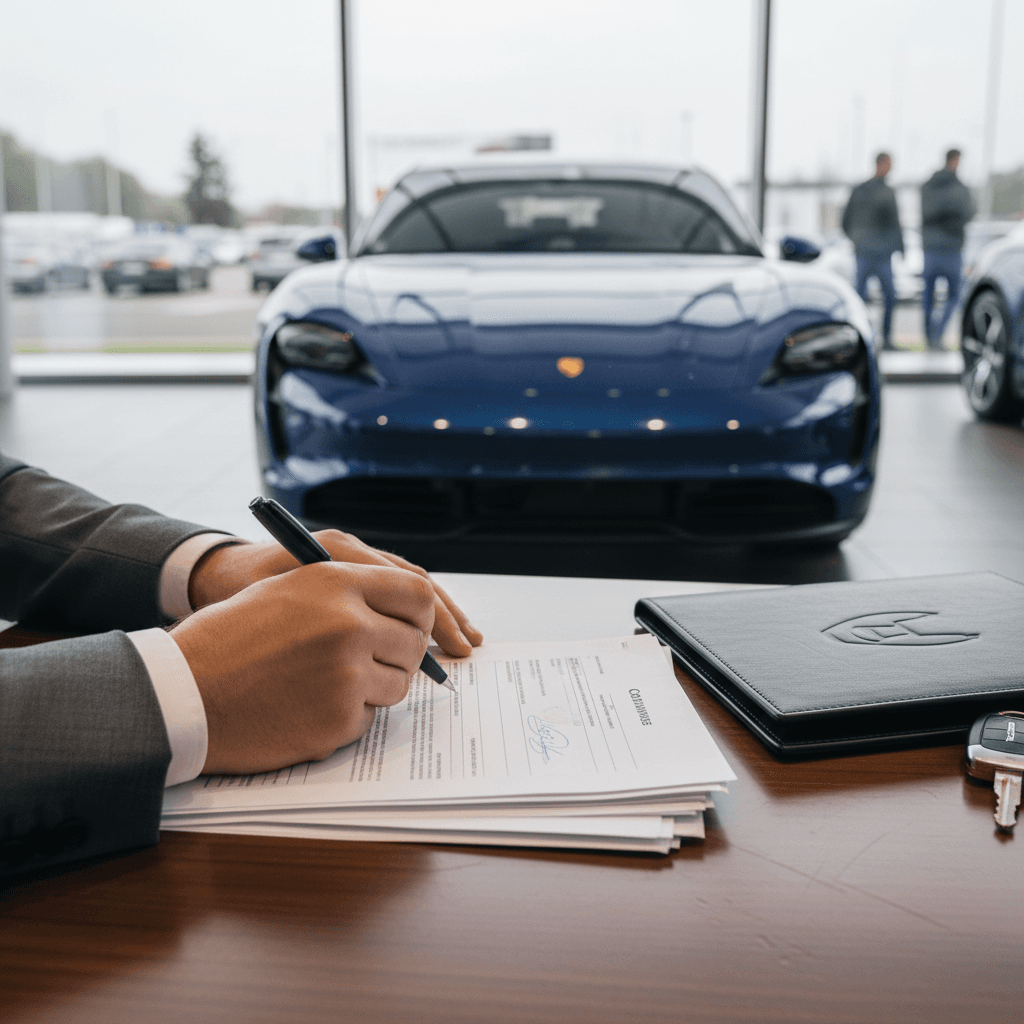 Car buyer signing loan documents with a Porsche Taycan in the background at a dealership office