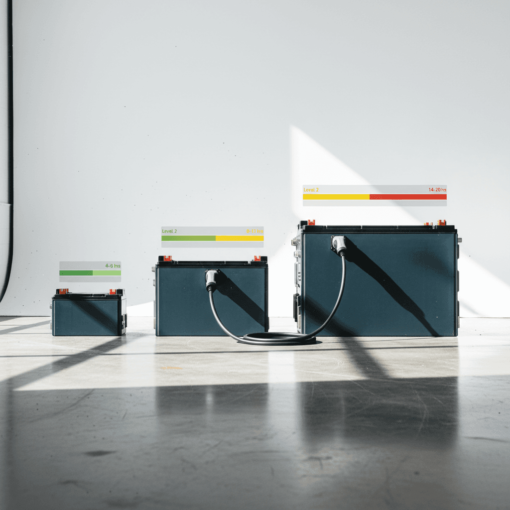 Chart comparing electric vehicle battery sizes with estimated Level 2 charging times from 10% to 80% state of charge