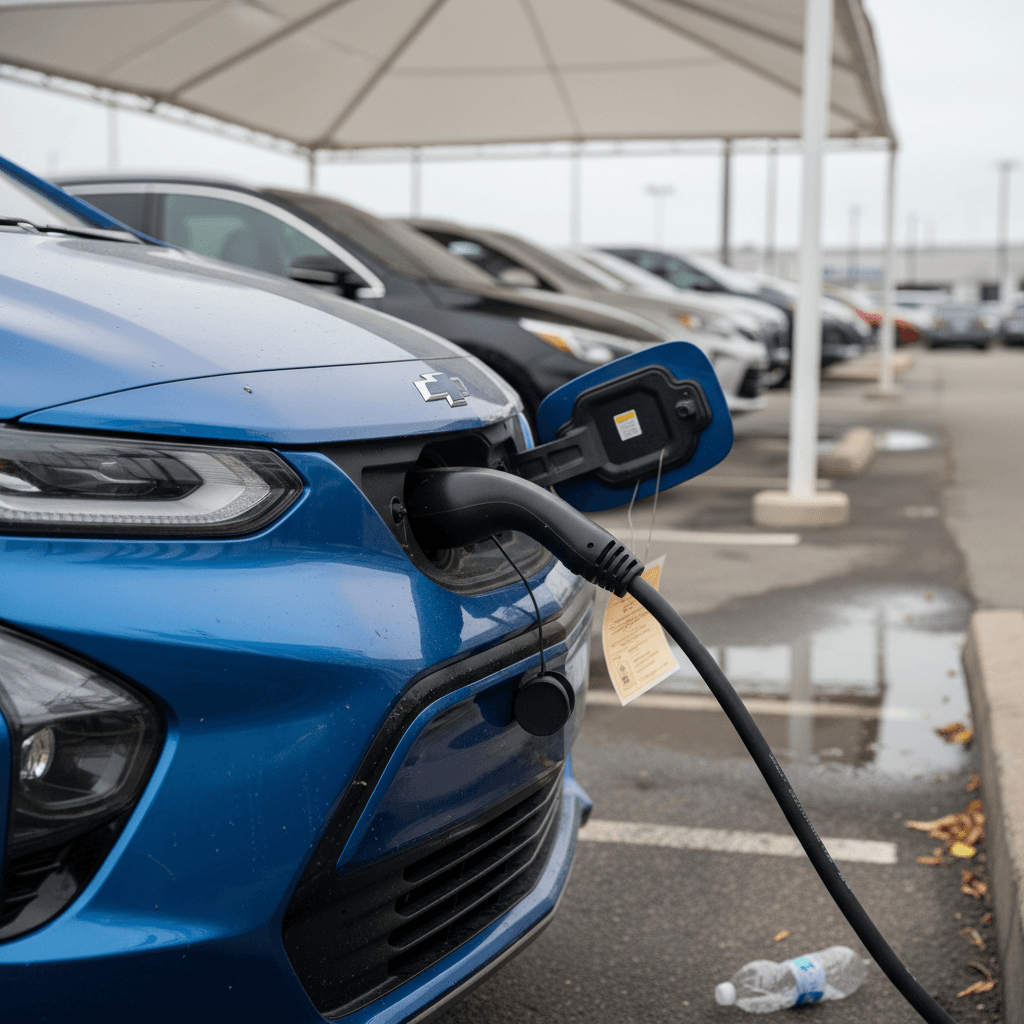 Used Chevrolet Bolt EUV plugged into a public charging station, showing charging cable and CCS port detail