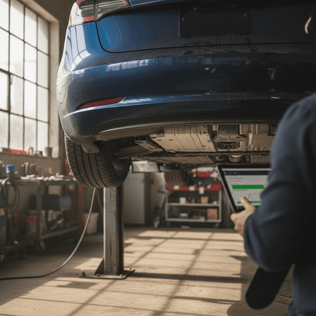 Technician inspecting a used 2022 Tesla Model 3 in a service bay