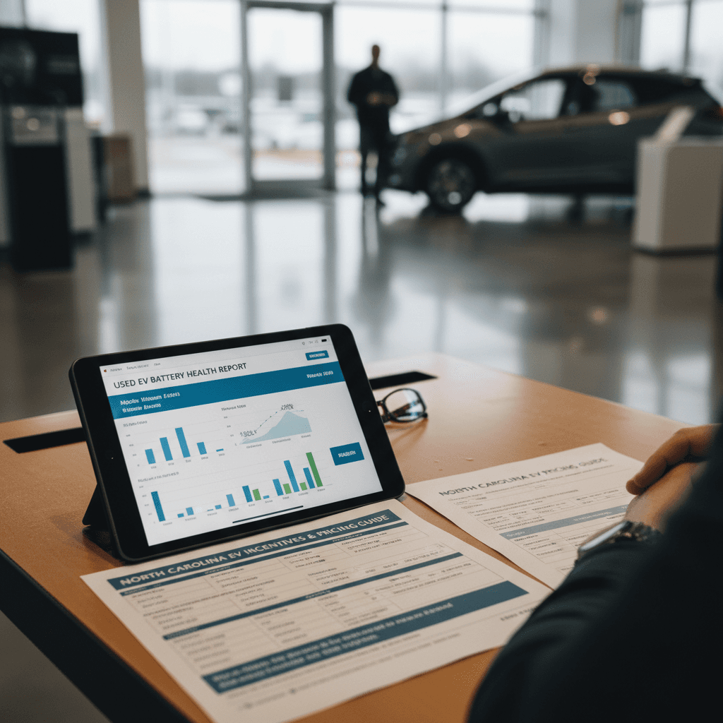 North Carolina shopper reviewing used electric vehicle pricing and battery health report at a dealership desk
