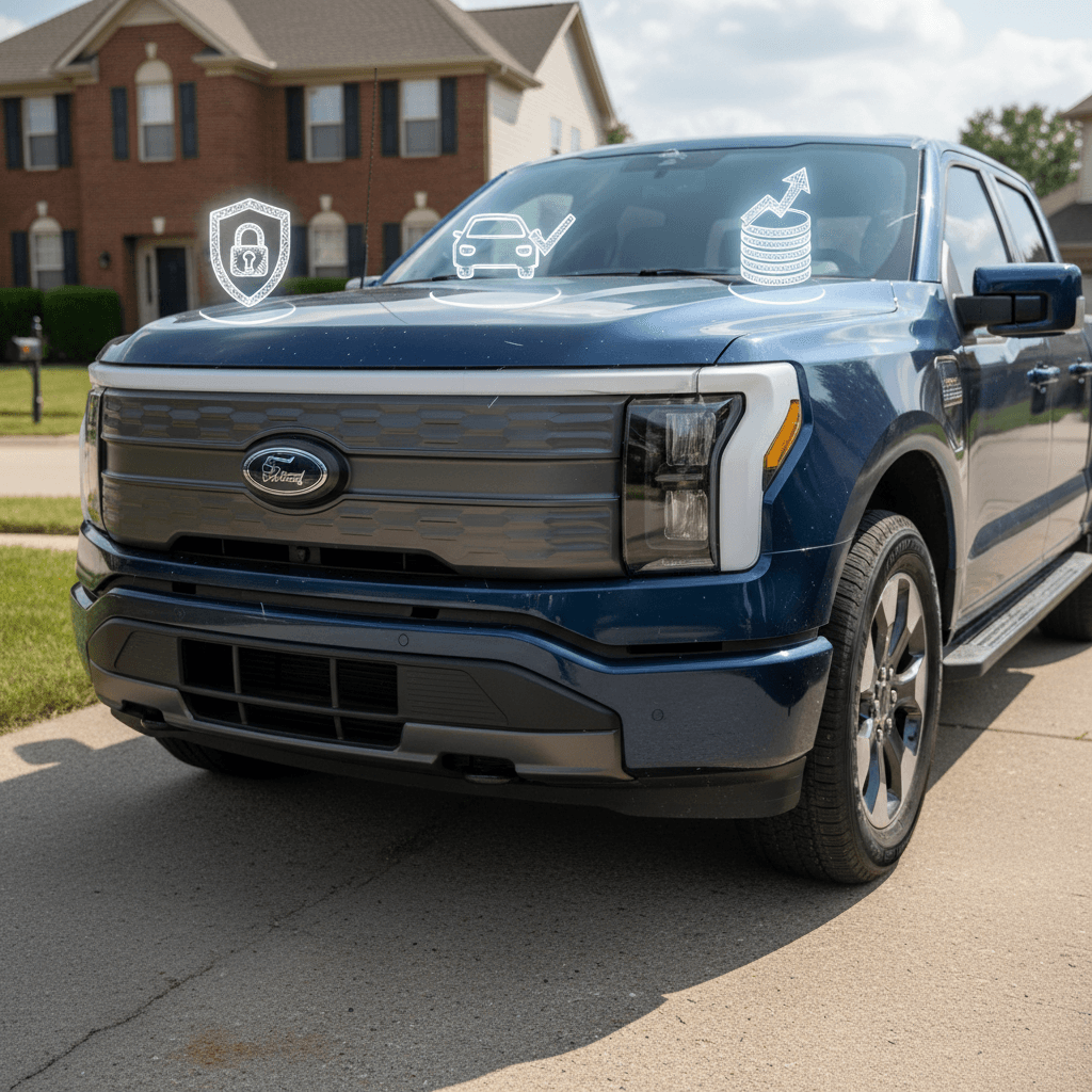 Ford F-150 Lightning parked in a suburban driveway, representing typical insurance use case for an electric pickup truck