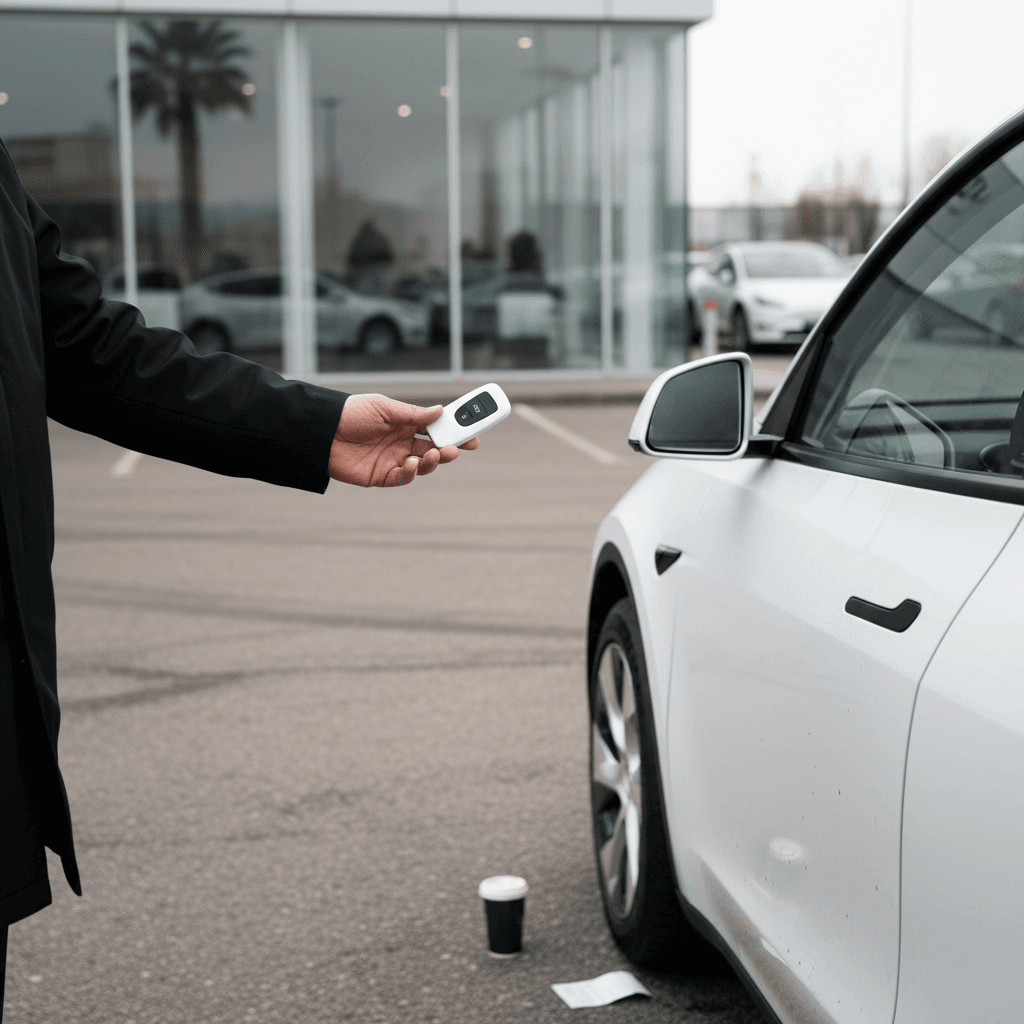 Seller and buyer finalizing paperwork beside a white Tesla Model Y at a Georgia dealership