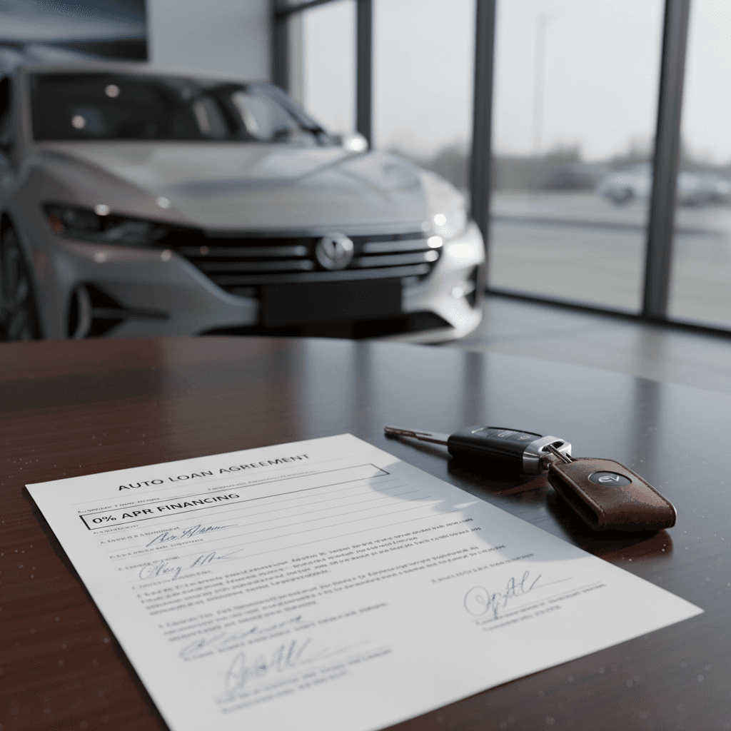 Signed auto loan paperwork and key fob placed on a desk beside a used electric vehicle in a showroom