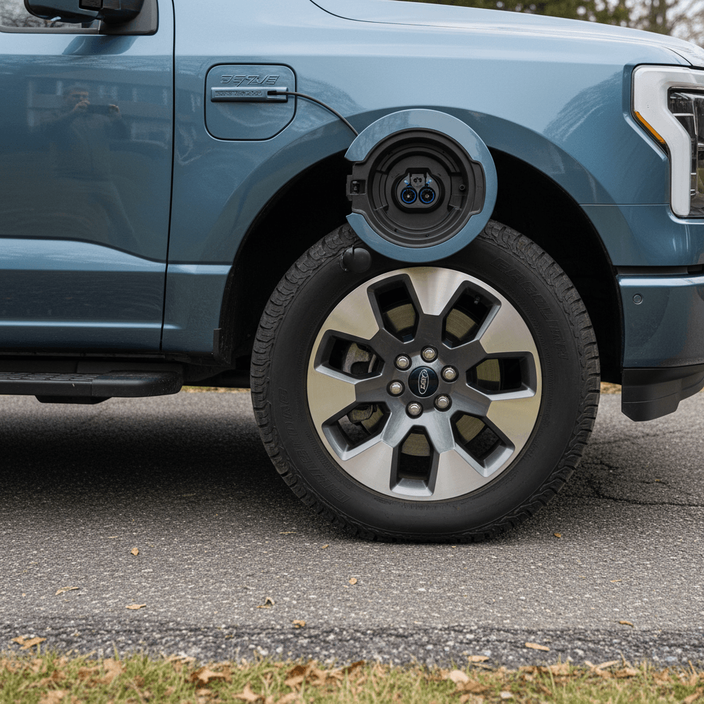 Owner photographing a 2025 Ford F-150 Lightning in their driveway before listing it for sale online