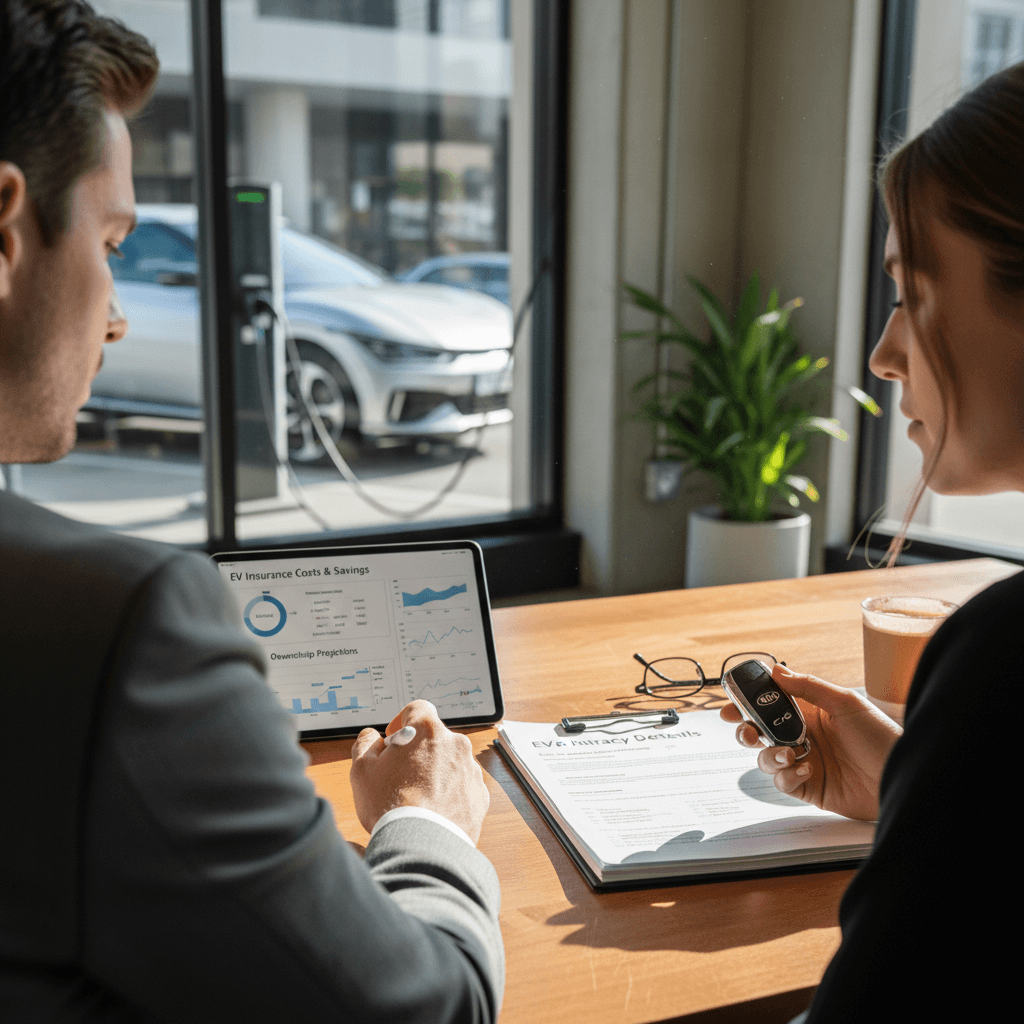 Insurance agent and Kia EV6 owner reviewing coverage options and costs at a desk