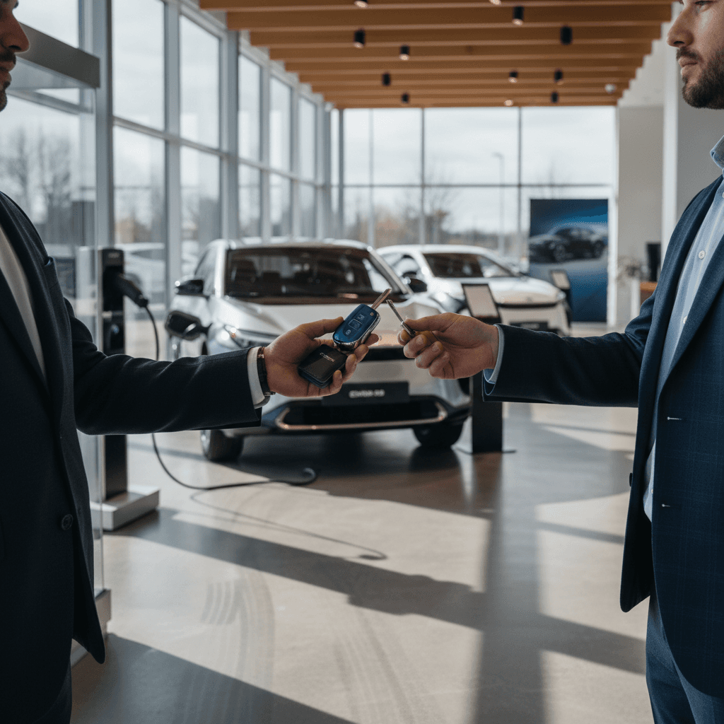 Seller and EV specialist reviewing a Toyota bZ4X battery-health report on a tablet next to the vehicle
