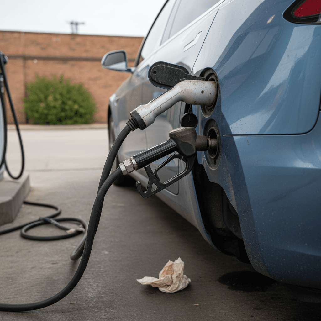 Tesla Model 3 driving on a highway, illustrating fully electric driving instead of hybrid power