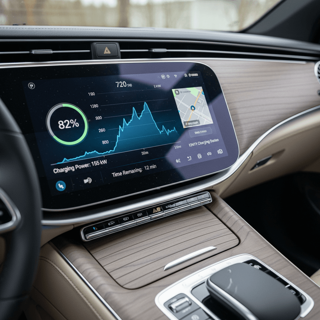 Mercedes EQS infotainment showing DC fast charging power, time remaining, and charging curve during a highway stop