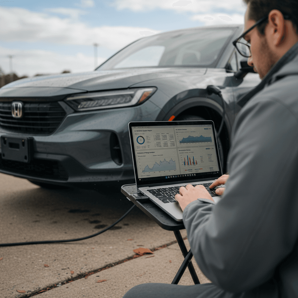 Honda Prologue owner reviewing an EV battery health report and pricing data on a laptop before listing the vehicle for sale
