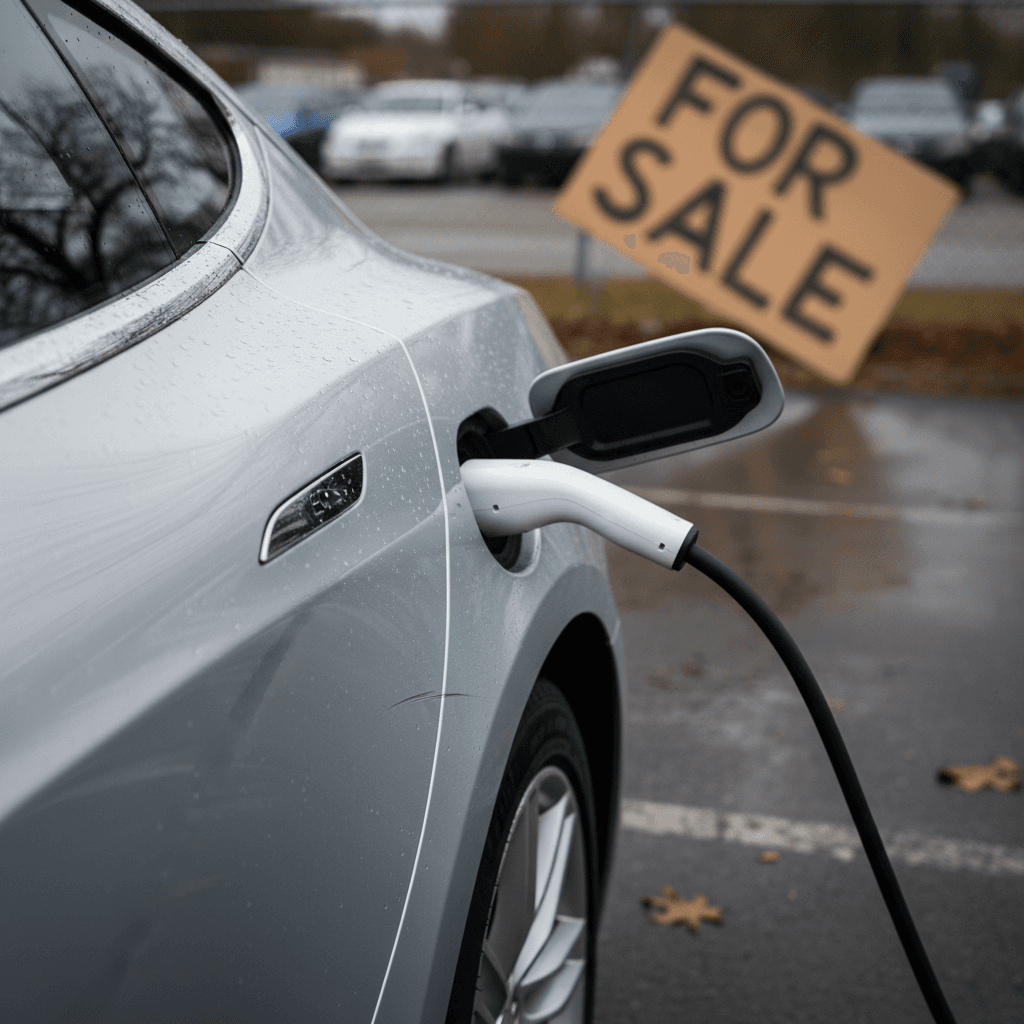2025 Tesla Model S plugged into a charger with a For Sale sign visible in the background