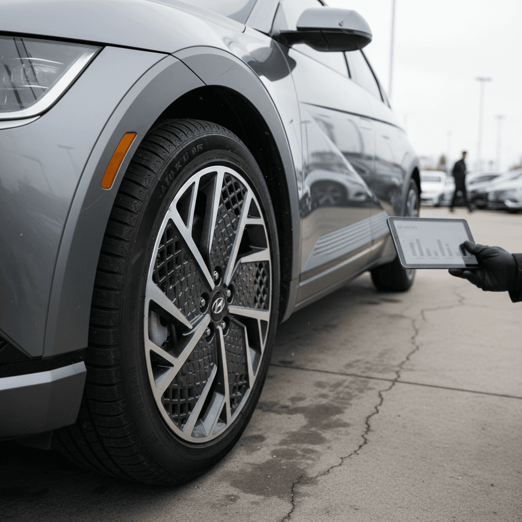 Technician inspecting a used Hyundai Ioniq 5 with diagnostic tablet focused on battery health report