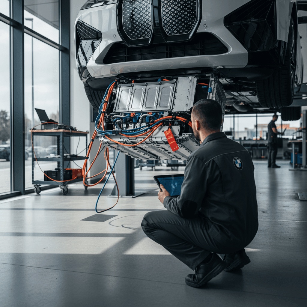 BMW technician working on the high-voltage battery system of a BMW iX in a service bay