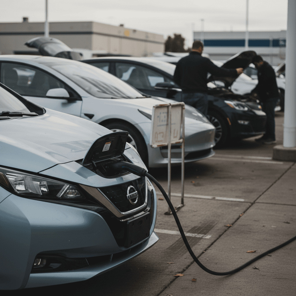 Row of used electric cars parked on a dealer lot ready for sale