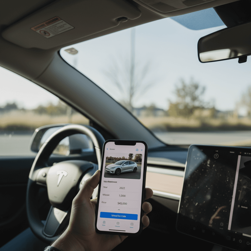 Driver in Virginia using a smartphone to create an online listing for a used Tesla Model Y from their driveway
