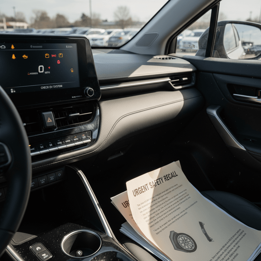 Toyota bZ4X dashboard with multiple warning lights illuminated next to printed recall paperwork on the passenger seat