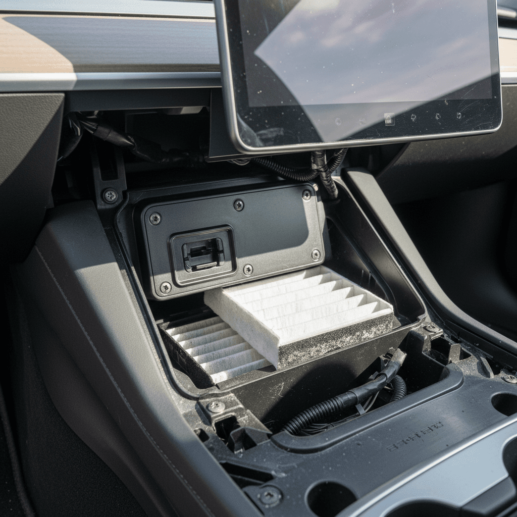 Tesla Model 3 glove box removed with the side panel off, exposing the vertical cabin air filters and retaining tab.