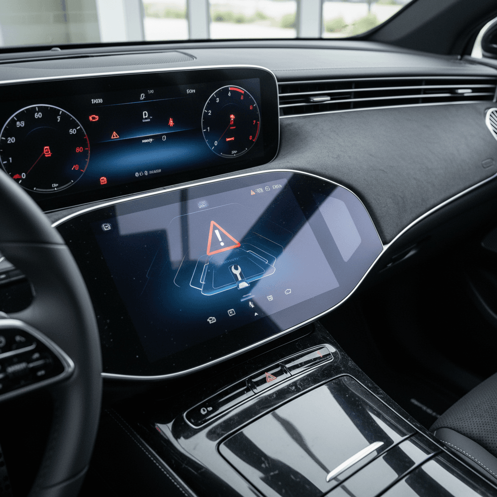 Interior of a 2023 Mercedes EQS showing dashboard warnings and service notification on the central screen