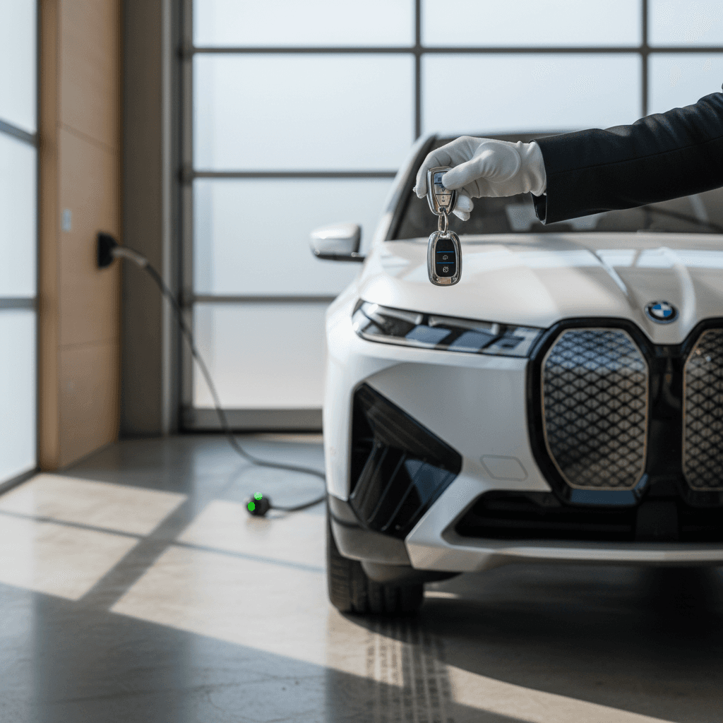 BMW iX owner handing keys to a private buyer at a delivery bay