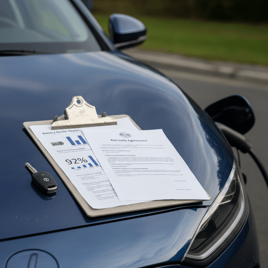 Technician reviewing an EV battery health and warranty report next to a used electric vehicle