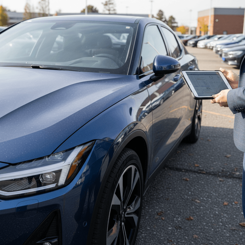 Technician inspecting a used 2023 Polestar 2 at an EV dealership to determine trade-in value
