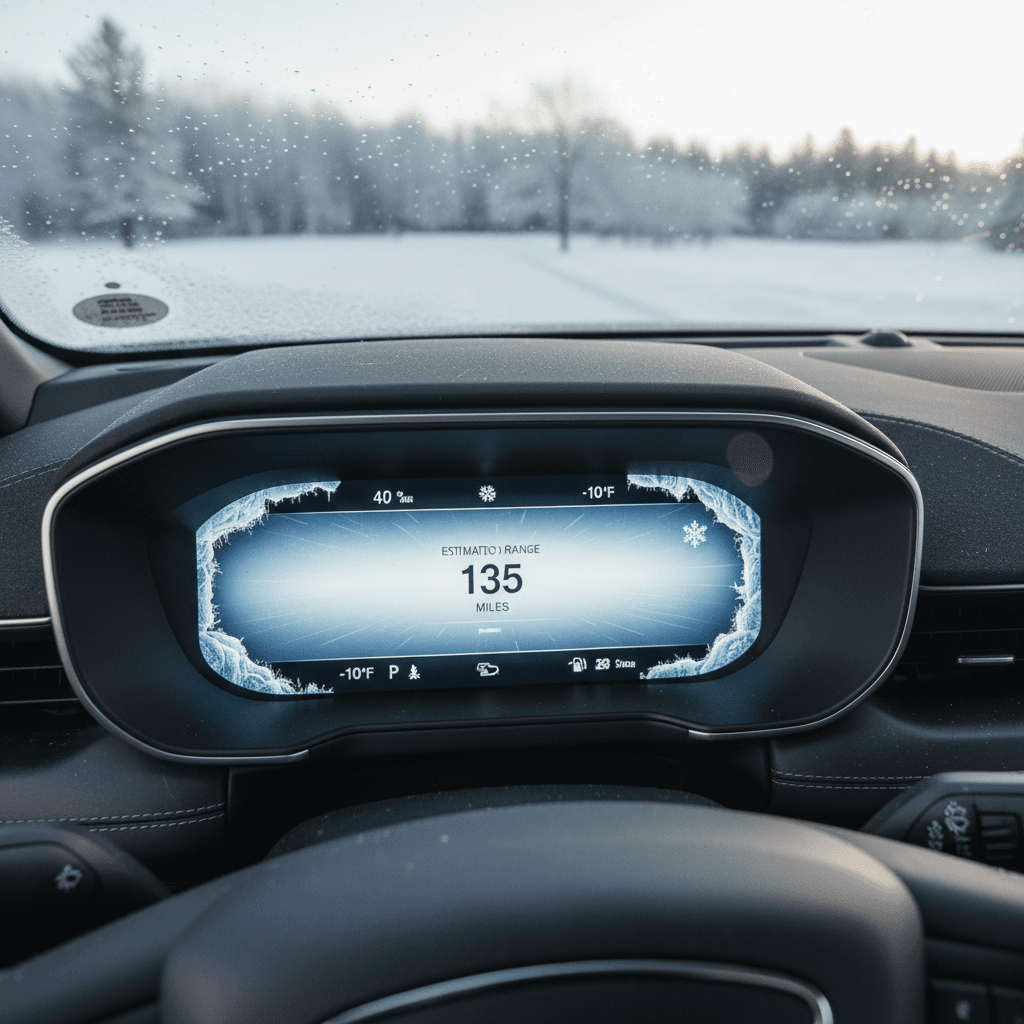 Ford Mustang Mach-E digital instrument cluster showing a reduced range estimate on a cold morning with snow outside