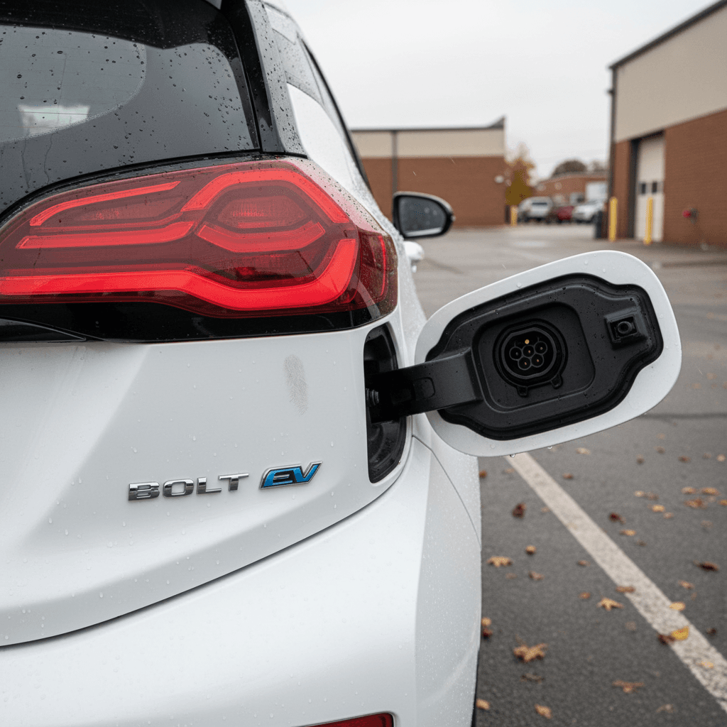 Rear three-quarter view of a 2022 Chevrolet Bolt EV parked and charging, highlighting its compact hatchback profile