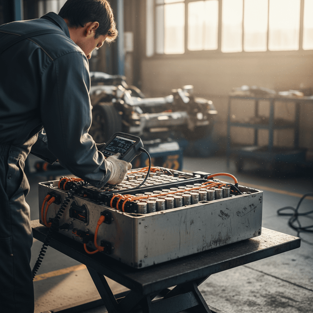 Technician lowering a large EV battery pack from an electric car on a service lift