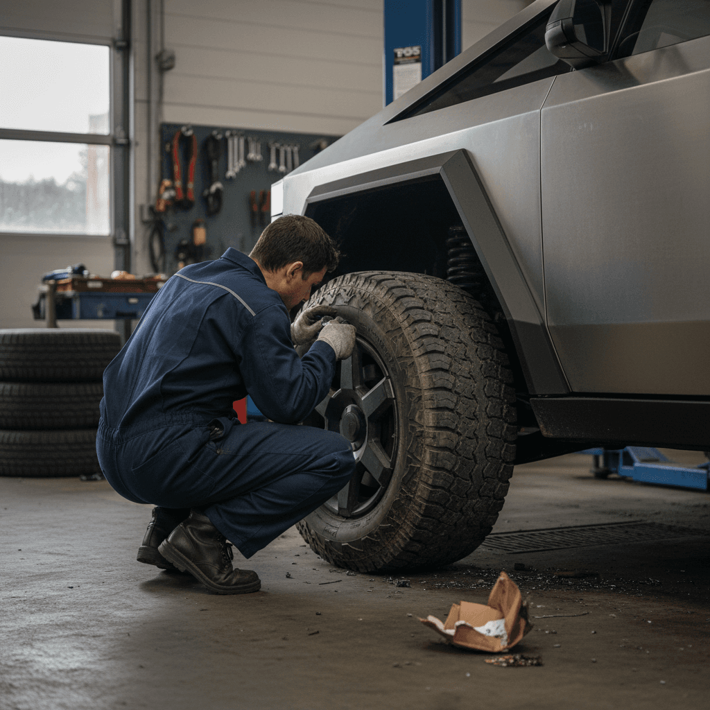Technician checking tires and suspension on a Tesla Cybertruck in a service bay