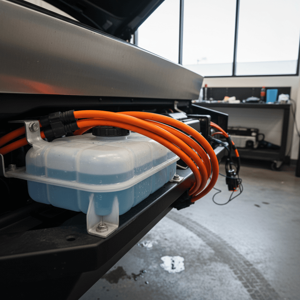 Technician inspecting Tesla coolant reservoir and high‑voltage cabling in a service bay
