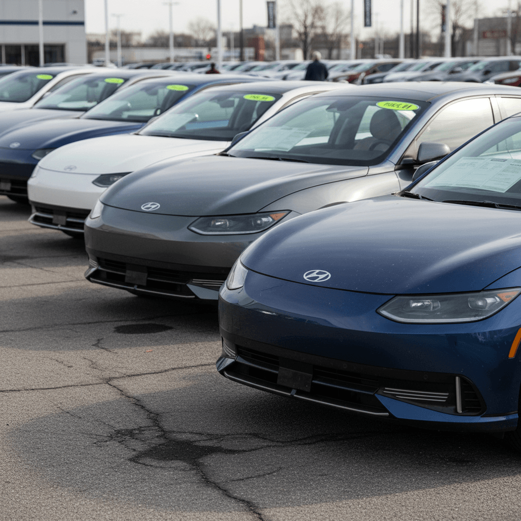 Used Hyundai IONIQ 6 sedans parked on a dealership lot with price stickers in the windows