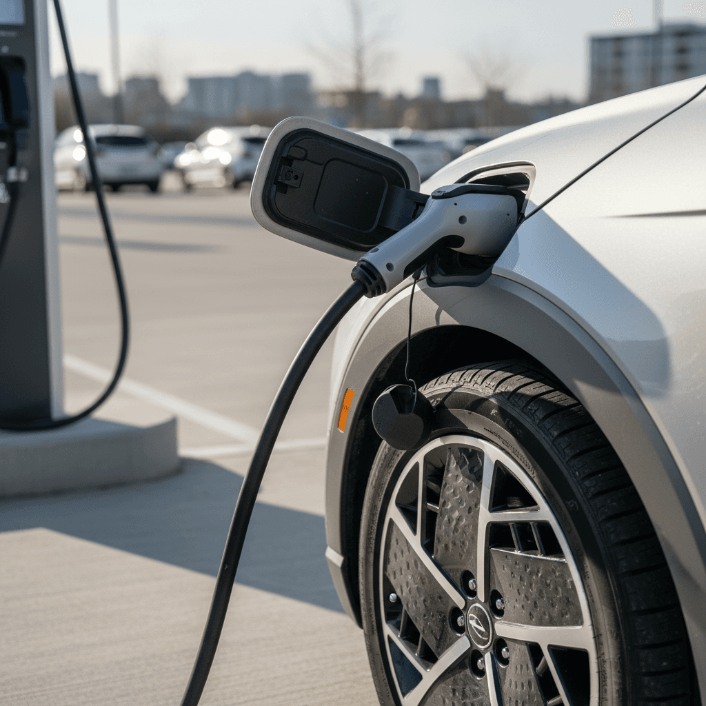 Close-up of a 2024 Hyundai Ioniq 5 charge port and wheel while plugged into a public fast charger