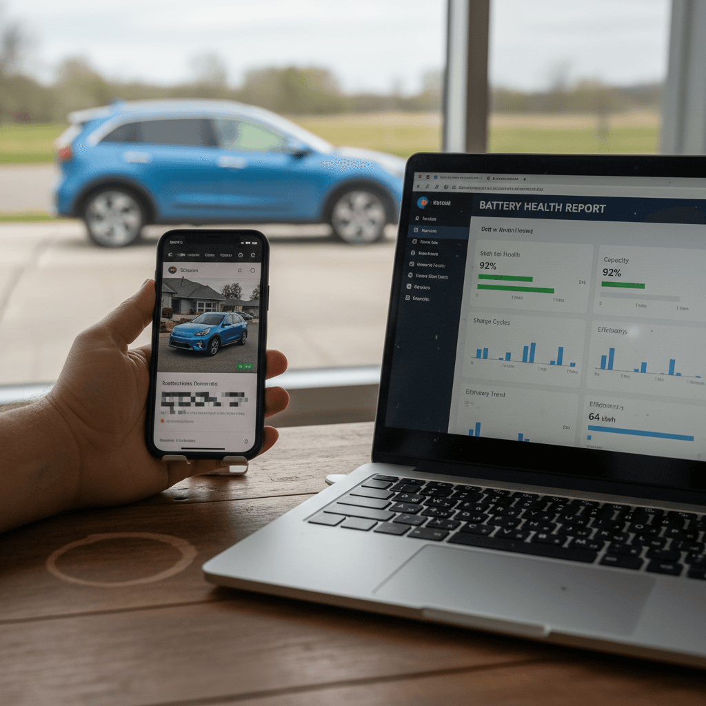 Seller preparing a Kia Niro EV for sale, cleaning the interior and photographing the car in a driveway