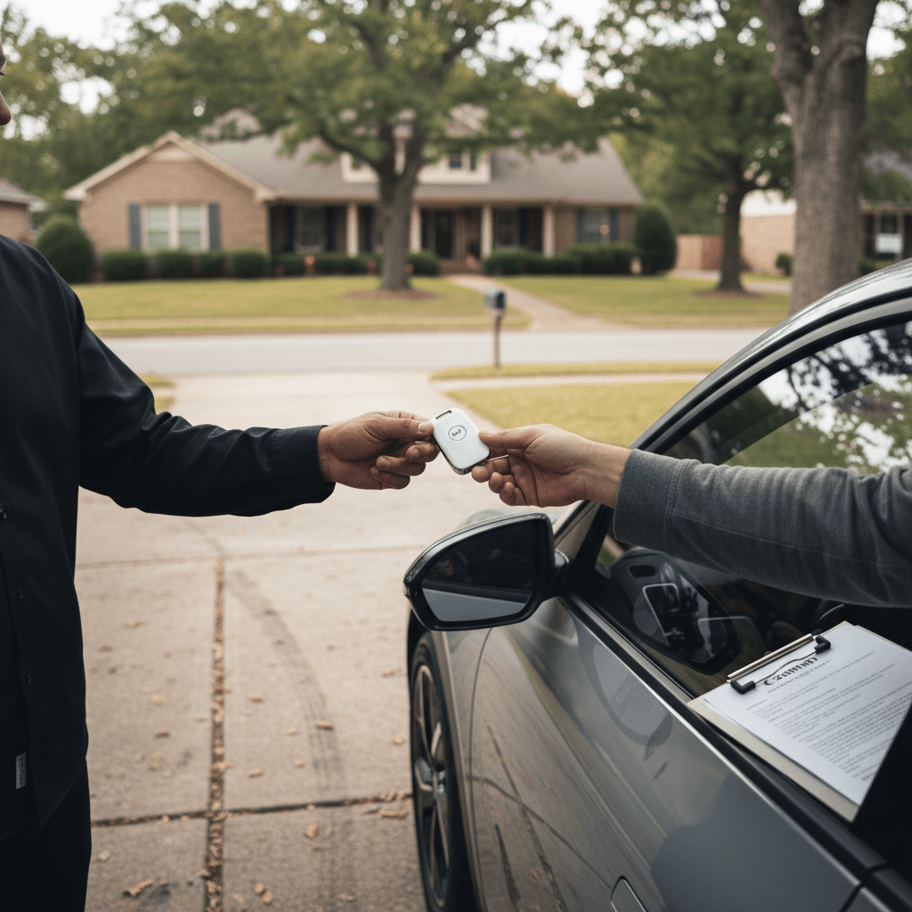 Georgia seller handing keys to a buyer next to an electric car in a suburban driveway