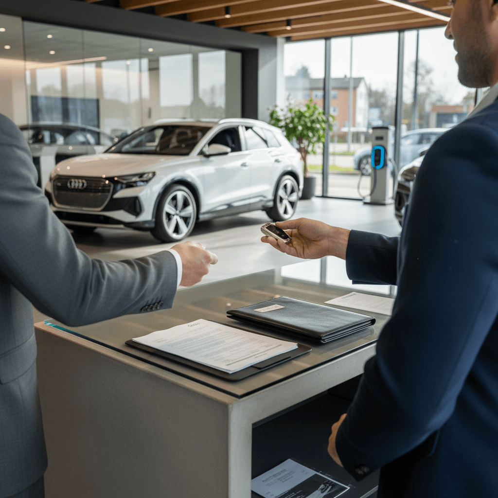 Seller and buyer reviewing a battery health report for a 2025 Audi Q4 e-tron in a clean EV showroom