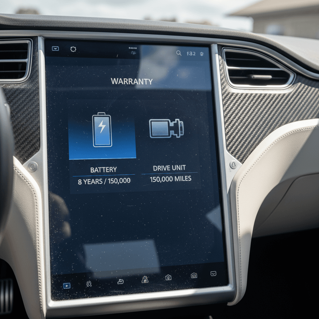 Tesla Model S center screen showing warranty and battery information on the service menu