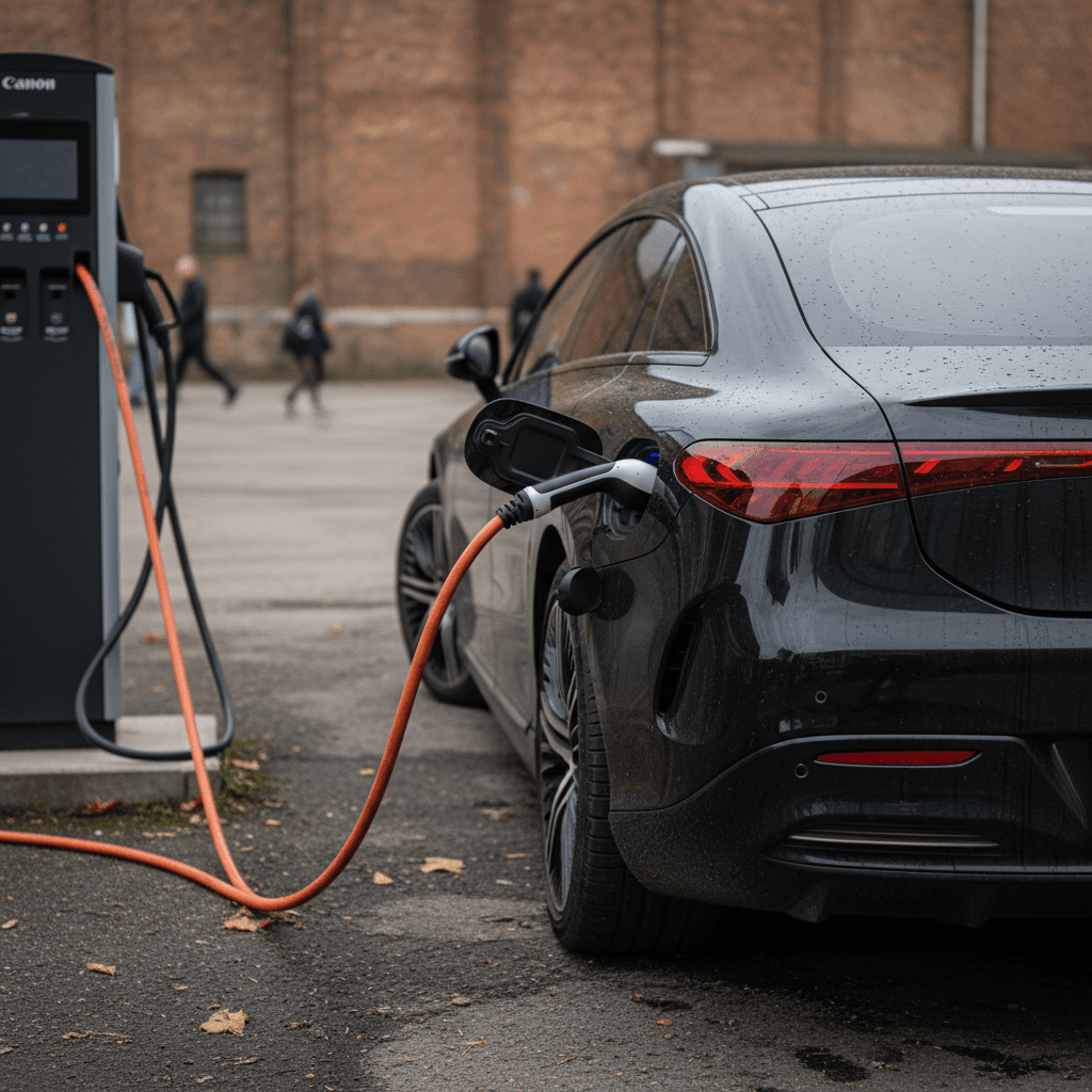 Mercedes EQS sedan plugged into a DC fast charger at a modern public charging station