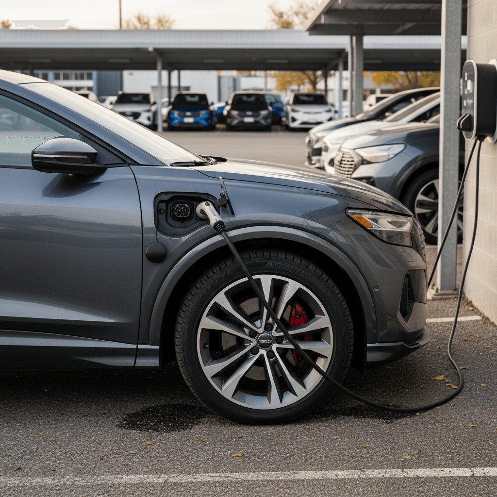 Close-up of a used Audi Q4 e-tron charging at a dealership, showing the charge port and wheel