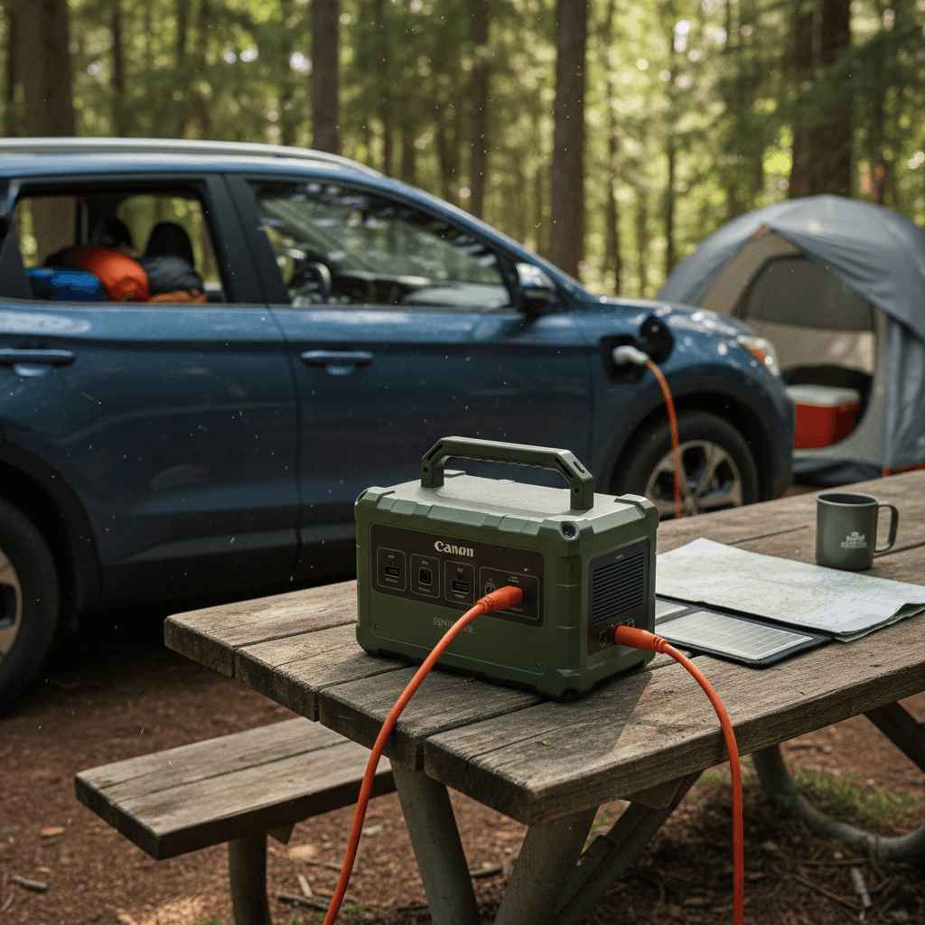 Battery-electric car parked and charging at a station instead of refueling at a gas pump