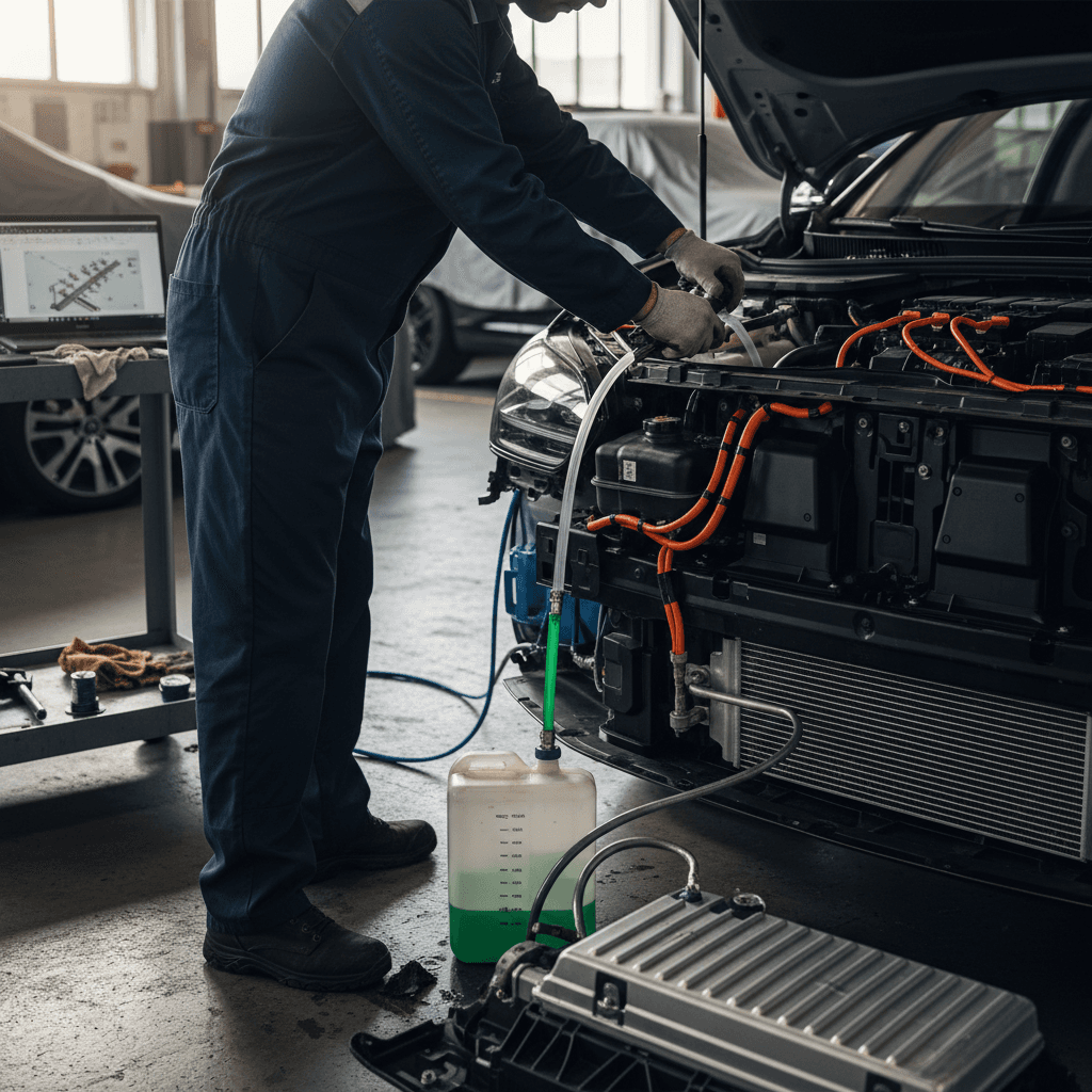 Technician servicing the coolant system on an electric vehicle’s battery pack and drive unit