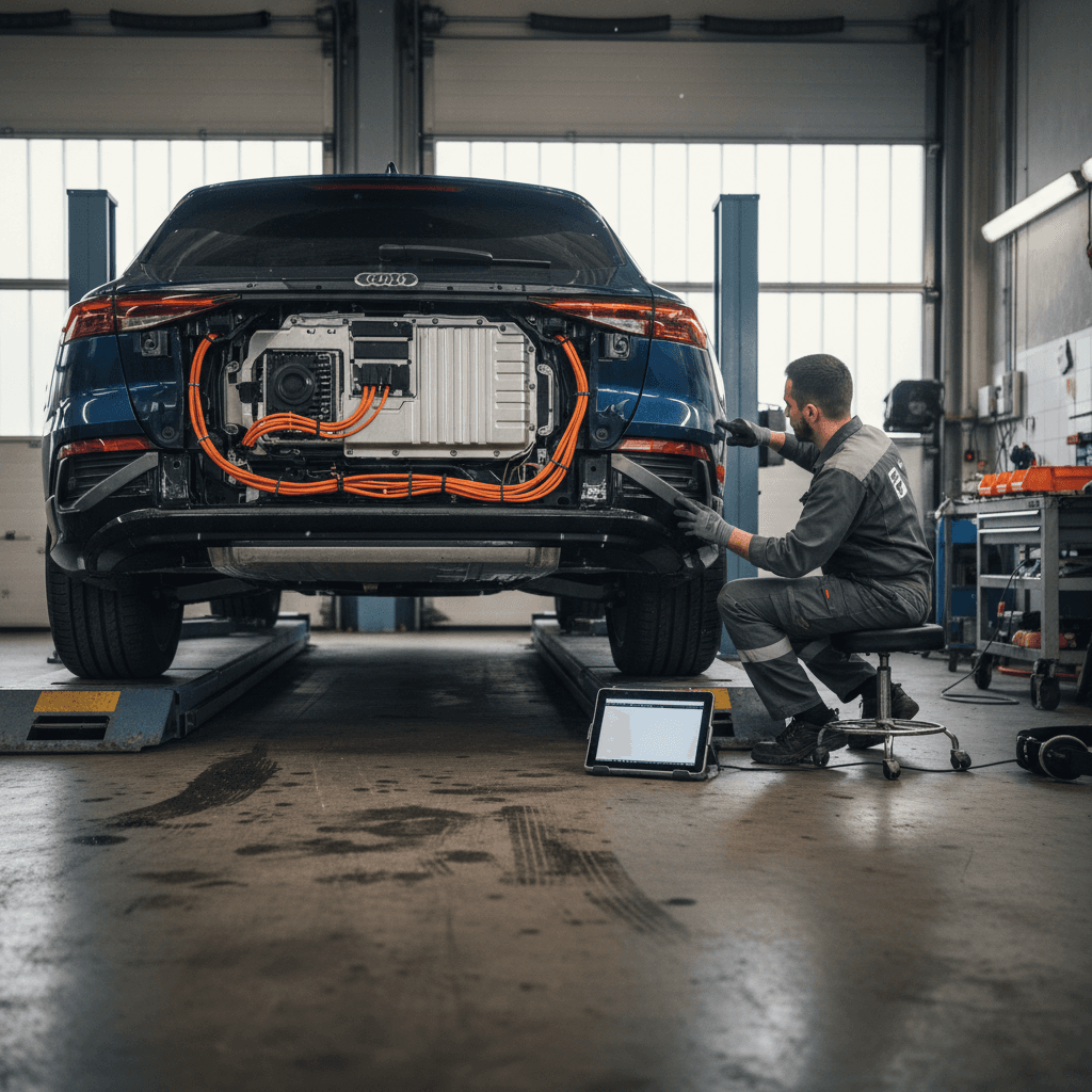 Audi Q4 e-tron on a lift with a technician inspecting the suspension and underbody components