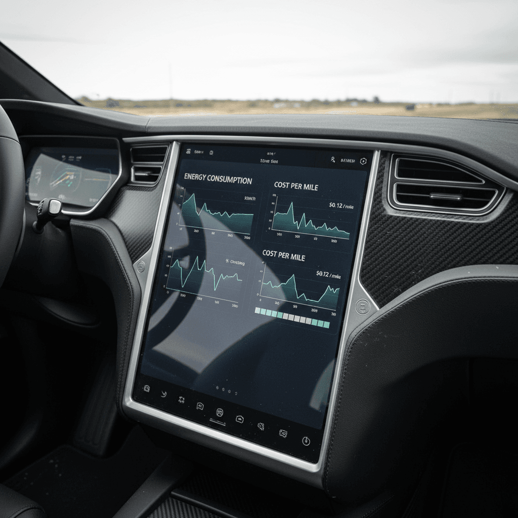 Tesla Model X interior touchscreen displaying energy consumption and cost per mile information