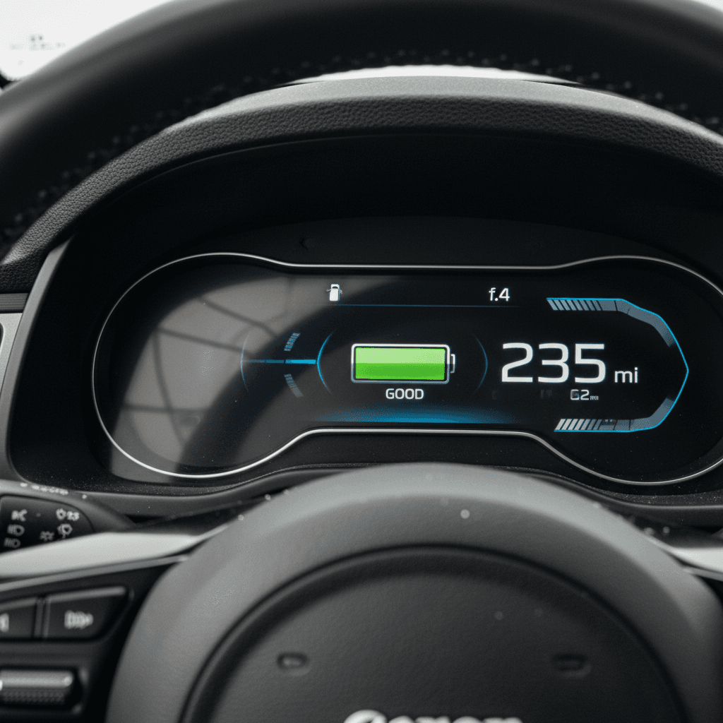 Kia Niro EV digital dashboard showing state of charge, projected range and energy use on a clean black background