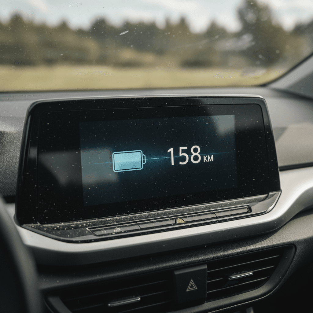 Volkswagen ID.4 digital dashboard showing battery state-of-charge and projected driving range
