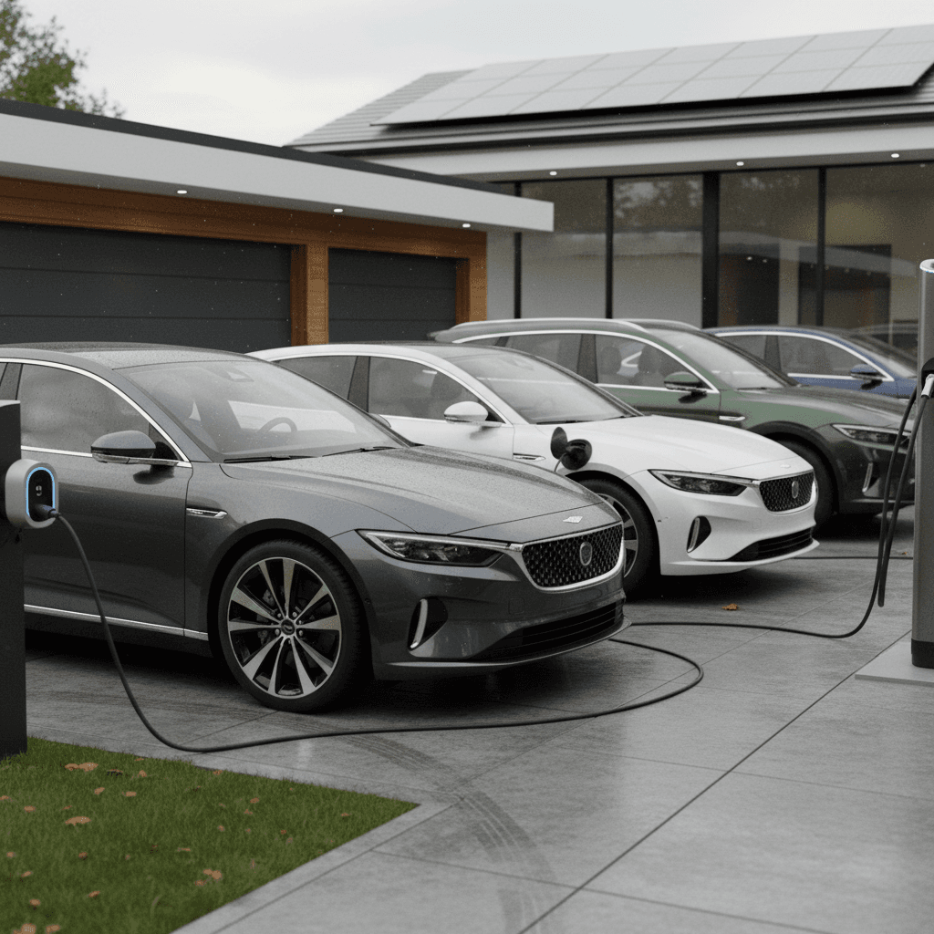 Lineup of several long-range electric cars parked at home chargers and a public fast charger, illustrating options for avoiding gas stations