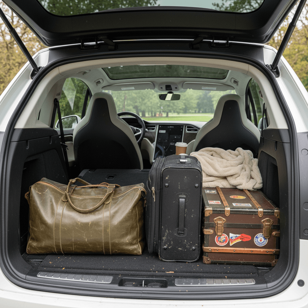 Three-row electric SUV interior with seats folded to show large cargo area