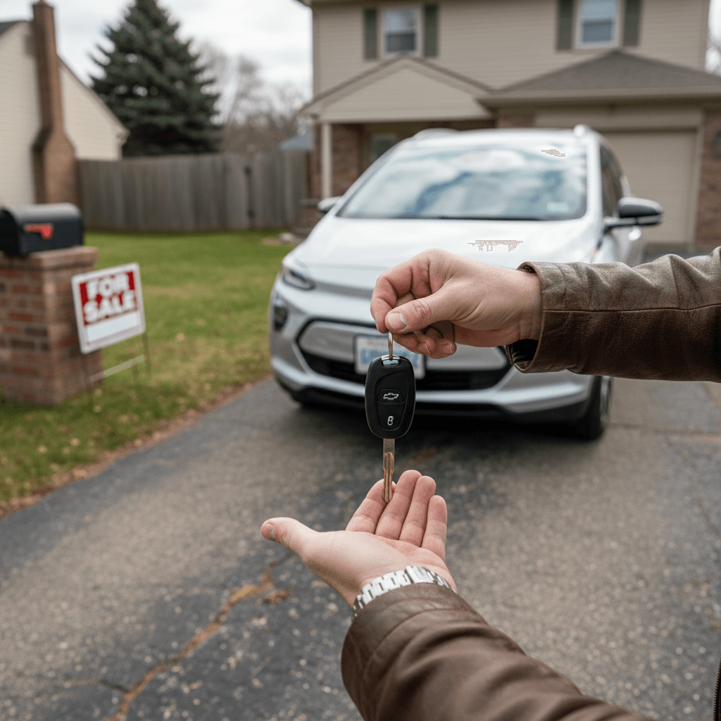 Happy seller handing keys of a Chevrolet Bolt EUV to a buyer, both standing near the car in a suburban driveway