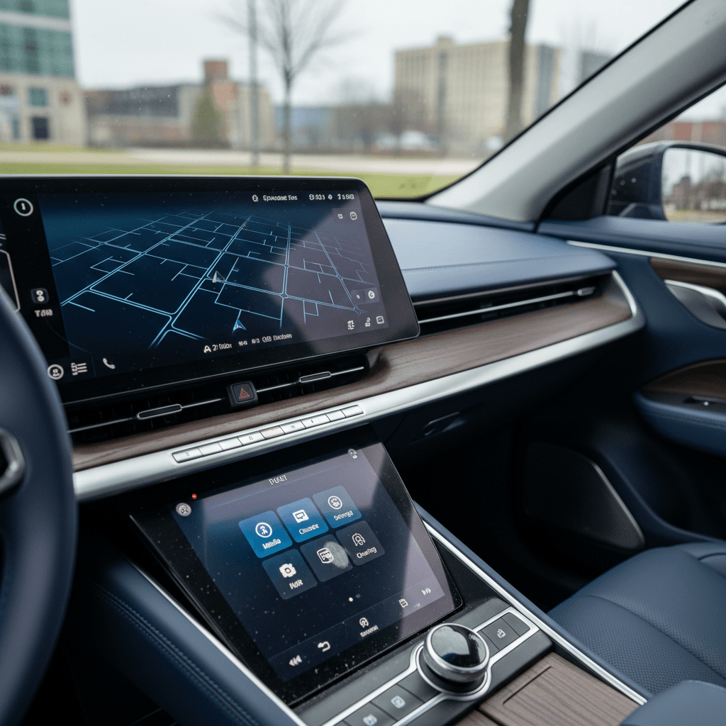 Driver view of a 2023 Mercedes EQS digital dashboard showing range and system status indicators